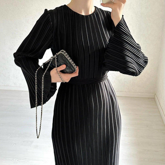 Elegant Pleated Bell Sleeve Mid-length Dress Women's Clothing - Cruish Home