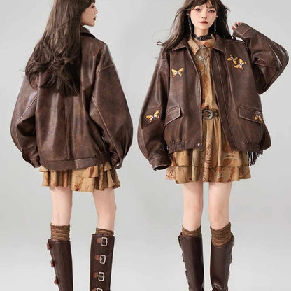 Butterfly Embroidery High-grade Brown Leather Coat