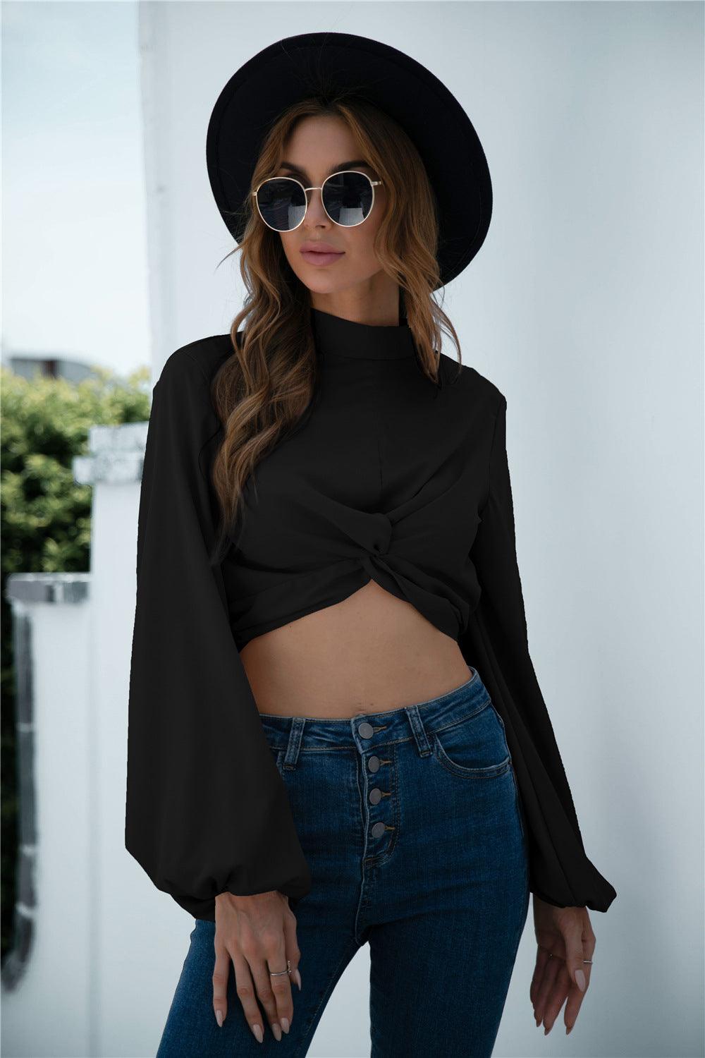 Design Twisted Lantern Sleeve Crop Top - Cruish Home