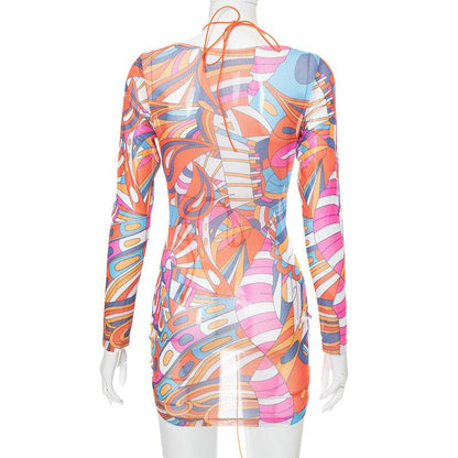 Printed Long-sleeved Lace-up Mesh Two-piece Suit - Cruish Home