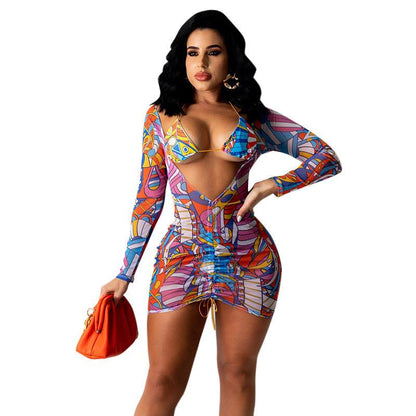 Printed Long-sleeved Lace-up Mesh Two-piece Suit - Cruish Home