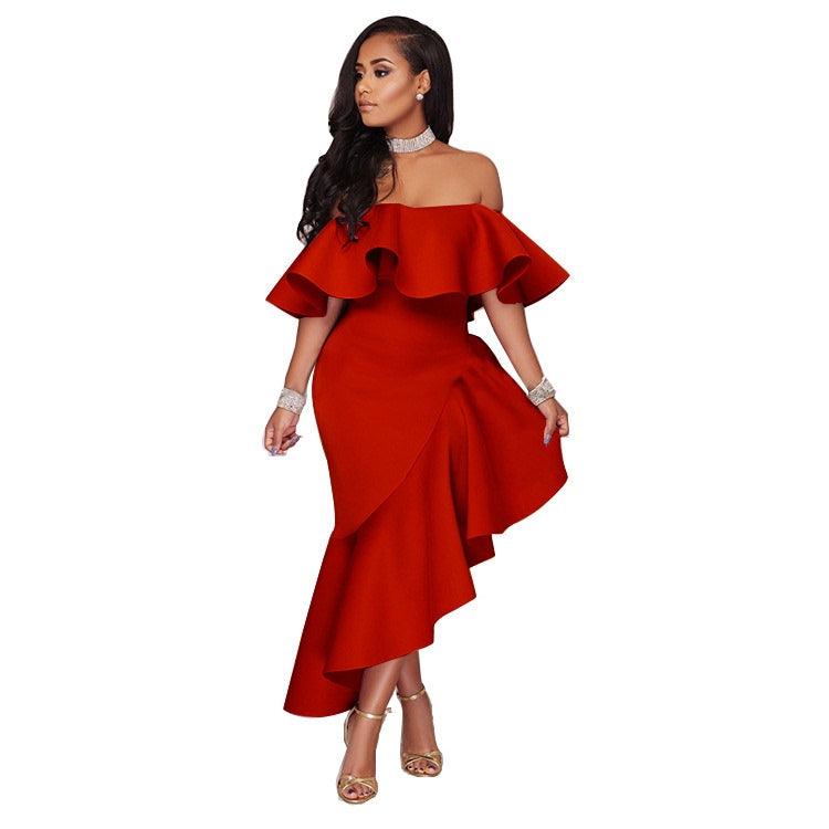 One-line Neck Ruffled Backless Ladies Dress Dress Long Skirt - Cruish Home