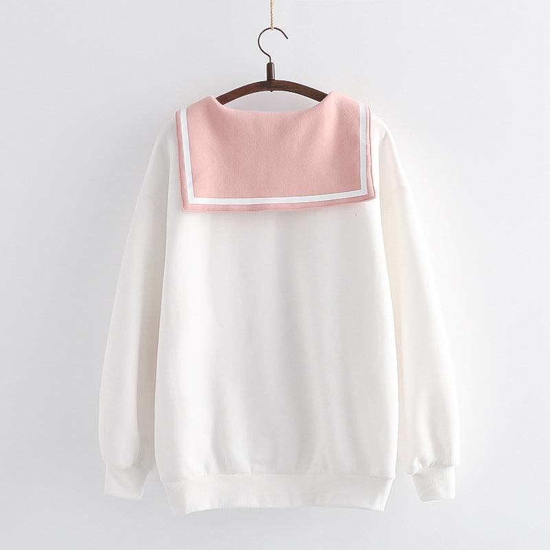 Japanese College Style Milk Tea Rabbit Sailor Collar Bow Brushed Hoody - Cruish Home