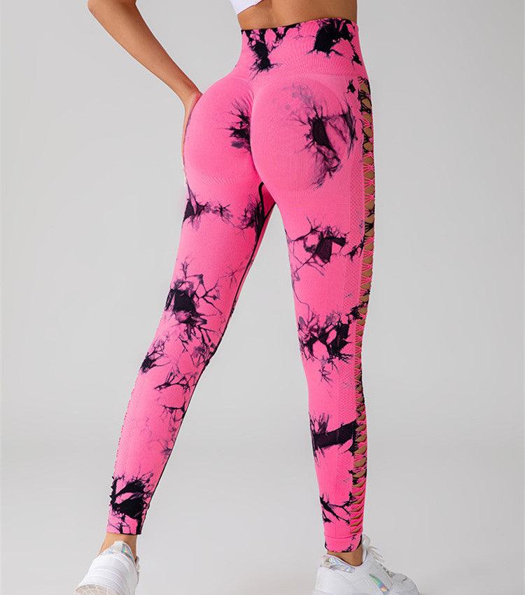 Hollow Tie Dye Printed Yoga Pants High Waist Butt Lift Seamless Sports Gym Fitness Leggings Slim Pants For Women Tight Trousers - Cruish Home