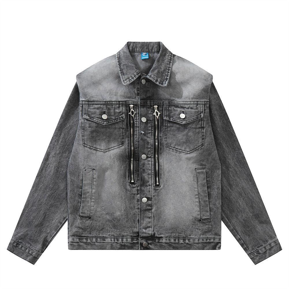 American Style Retro Washed Distressed Denim Jacket Men's Zipper Ruffle Handsome Stylish Brand Workwear Jacket - Cruish Home