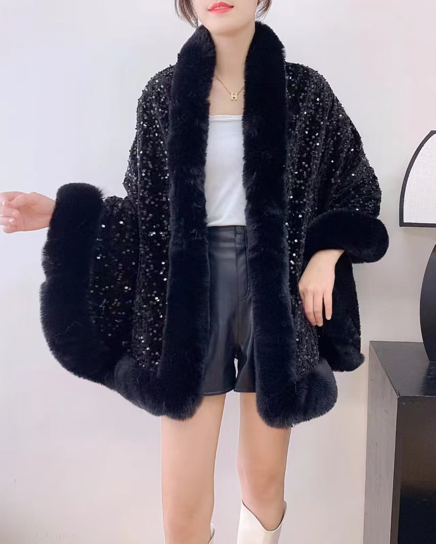 Fleece-lined Thicken Big Fur Collar Sequined Shawl