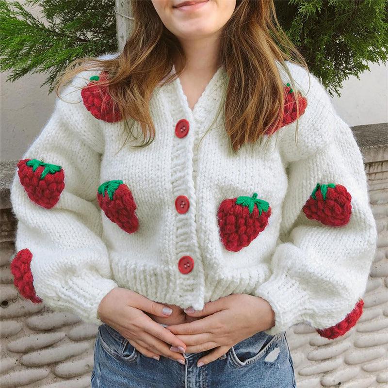 Female Cute Strawberry Loose V-neck Cardigan Sweater - Cruish Home