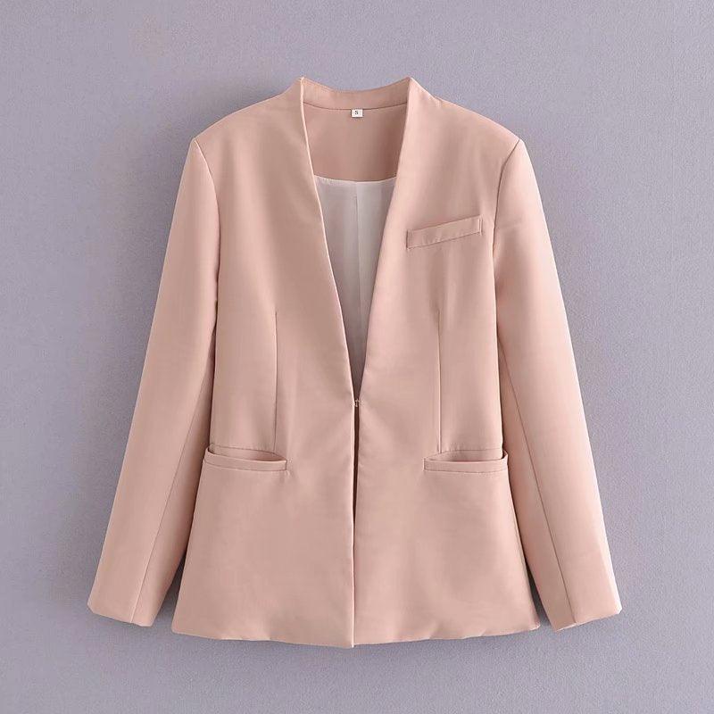 New Women's Suit Jacket Without Lapel Solid Color Long-sleeved Collar Pants - Cruish Home