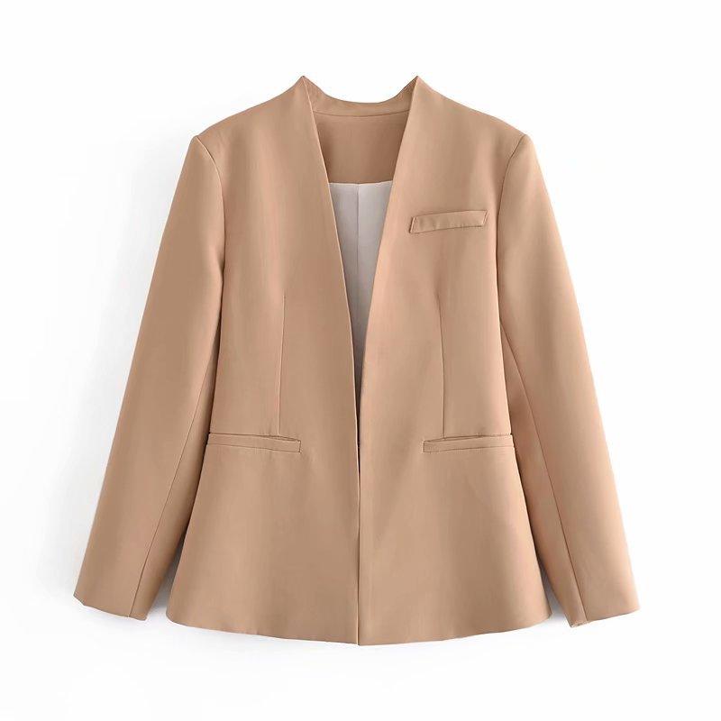 New Women's Suit Jacket Without Lapel Solid Color Long-sleeved Collar Pants - Cruish Home