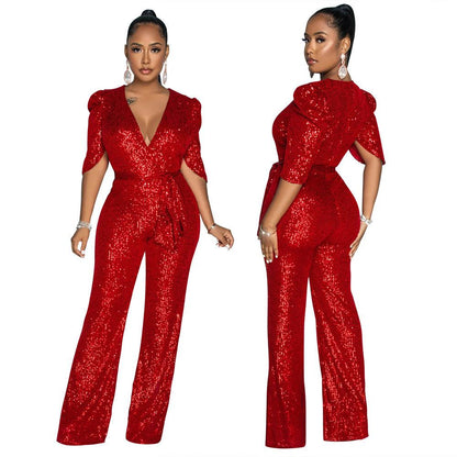 V-neck Half-sleeve Slim Fit Sequined Party Jumpsuit - Cruish Home