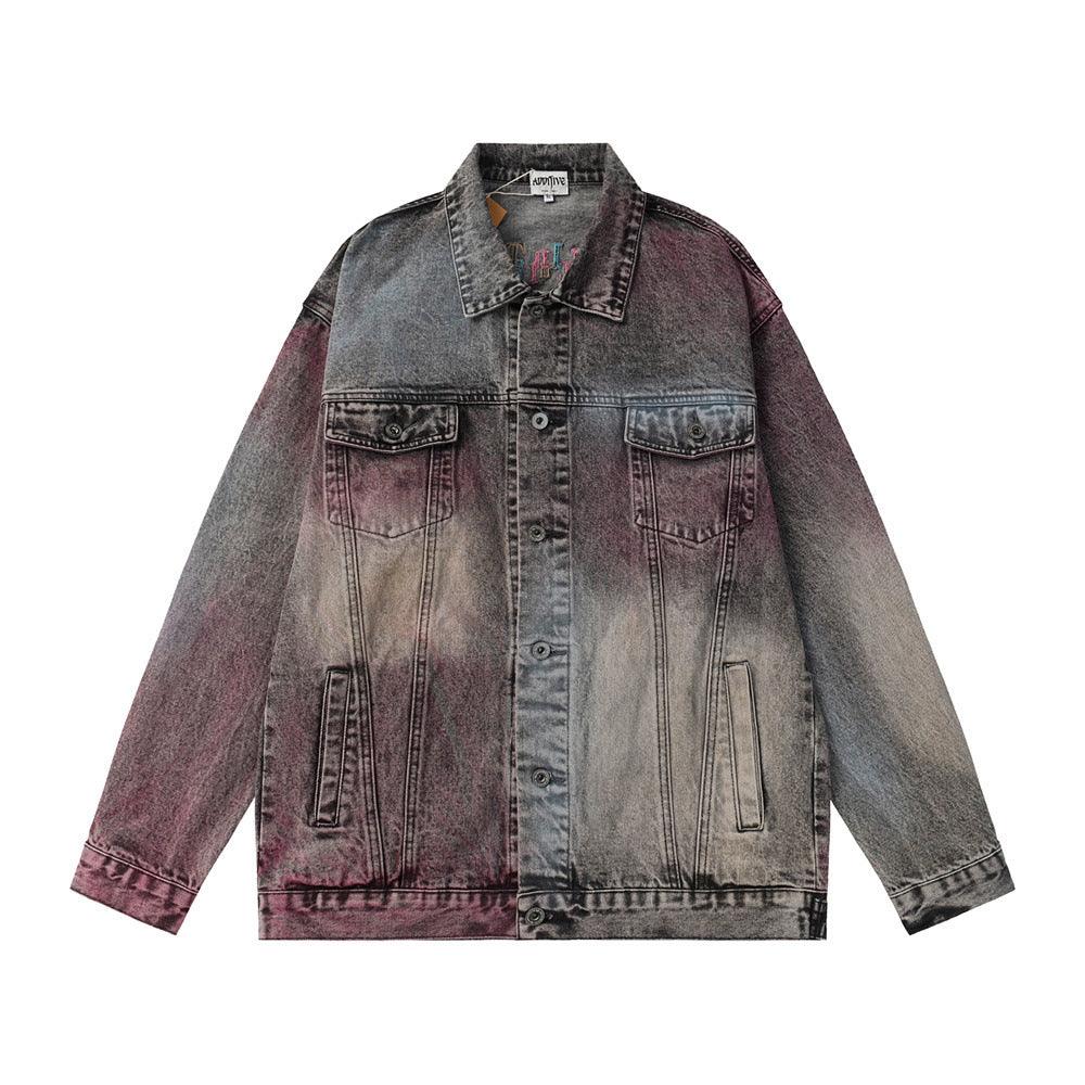 Colored String Spray Embroidery Denim Coat Tie-dyed Washed And Worn Loose - Cruish Home