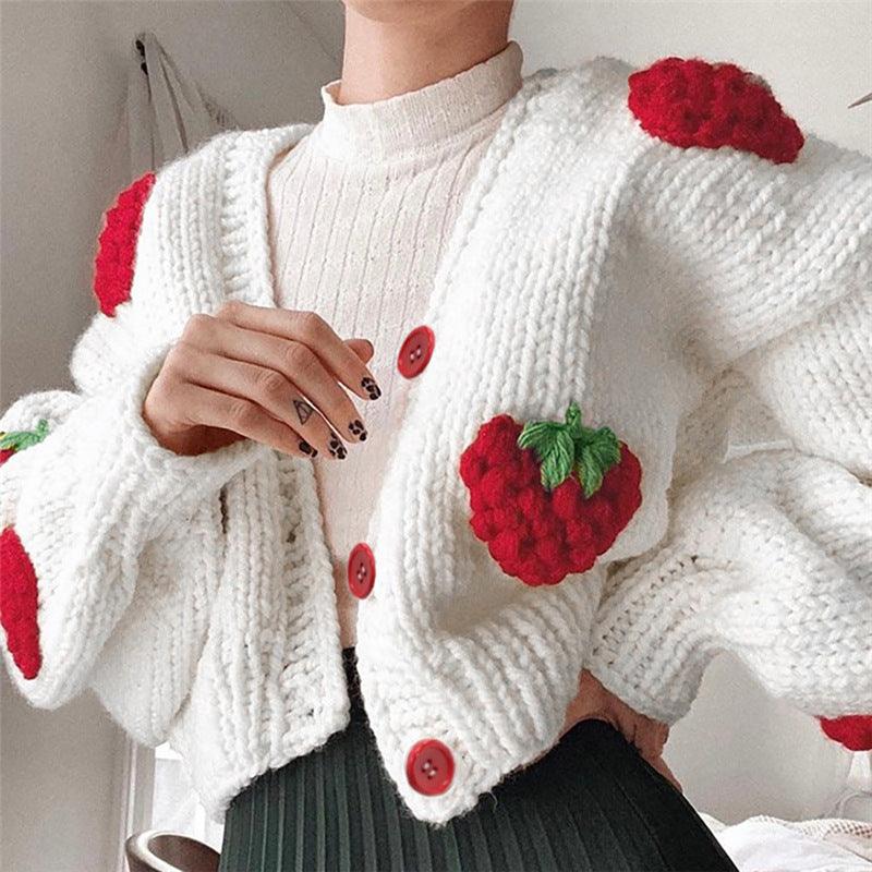 Female Cute Strawberry Loose V-neck Cardigan Sweater - Cruish Home