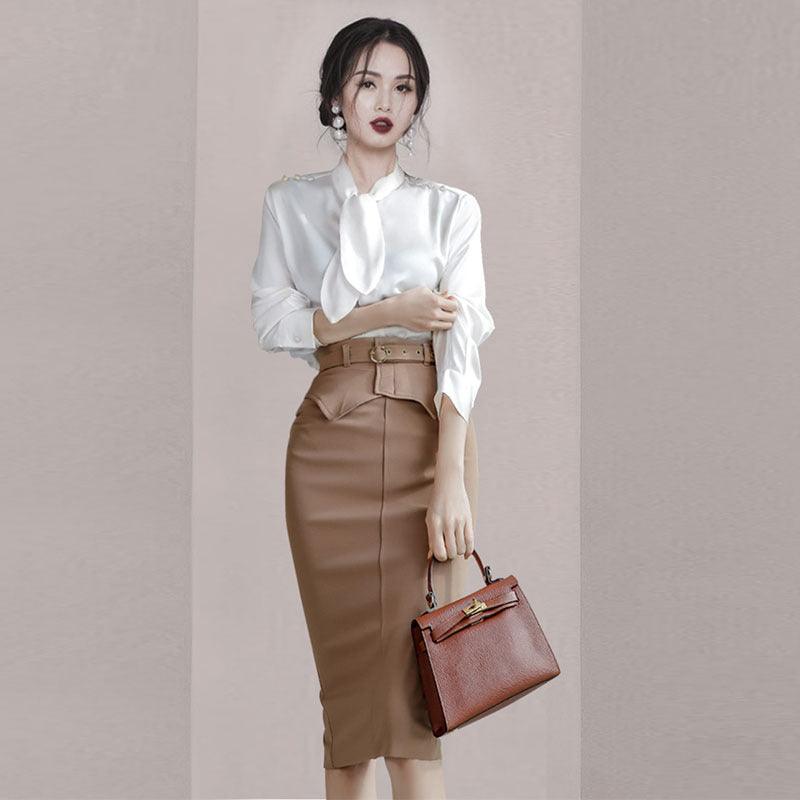 Bowknot Shirt Top Pocket Hip Skirt Professional Suit - Cruish Home