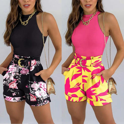 Printed Sleeveless Vest Casual Shorts Suit Women - Cruish Home