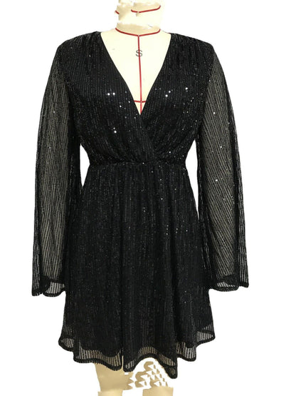 Sequins Dress Deep V Wide Hem Loose Long Sleeve Dress - Cruish Home