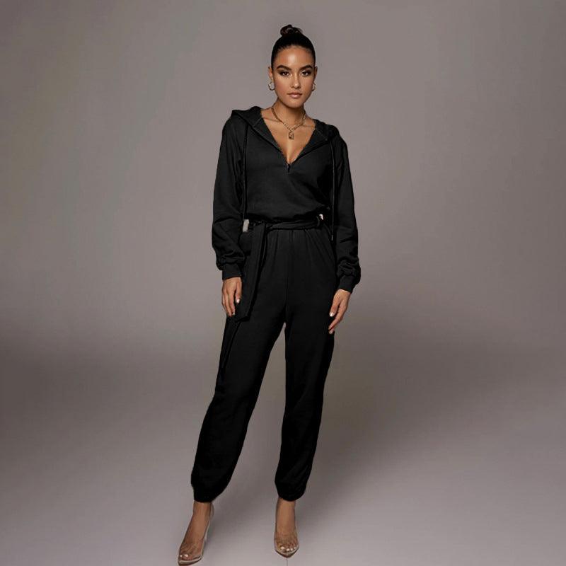 Slim-fit Long Sleeve Solid Color Hooded Half-open Collar Urban Leisure Women's Jumpsuit - Cruish Home