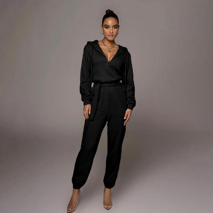 Slim-fit Long Sleeve Solid Color Hooded Half-open Collar Urban Leisure Women's Jumpsuit - Cruish Home