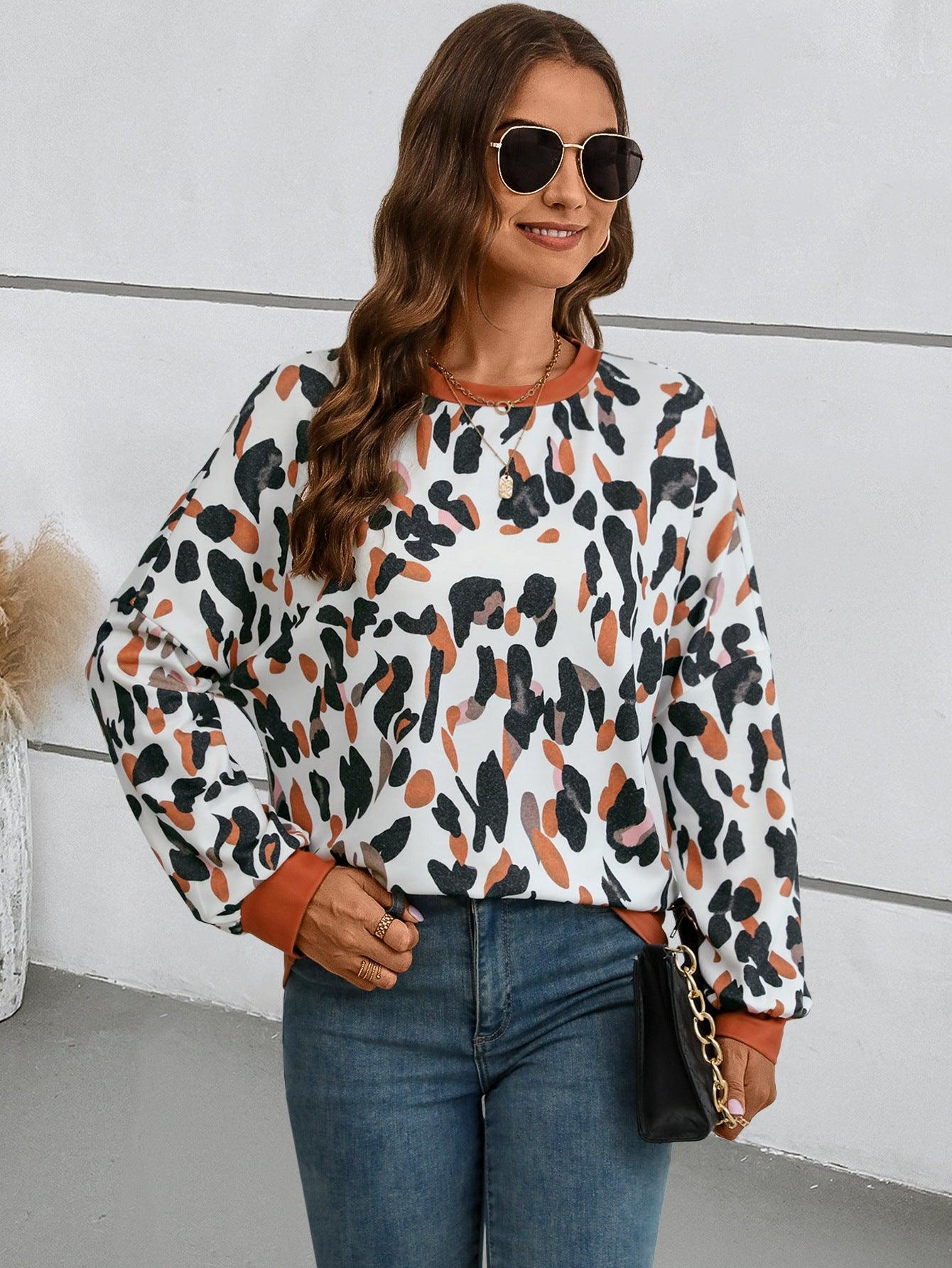 Women's Round Neck Drop-shoulder Lantern Sleeve Printed Sweater - Cruish Home