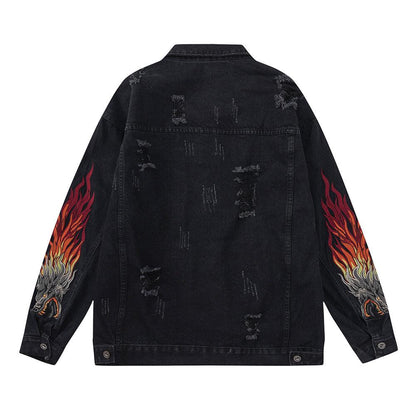 Faucet Zodiac Needle Embroidery Denim Jacket Men's High Street National Fashion Design Sense Ripped Jacket - Cruish Home