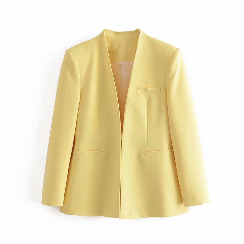 New Women's Suit Jacket Without Lapel Solid Color Long-sleeved Collar Pants - Cruish Home