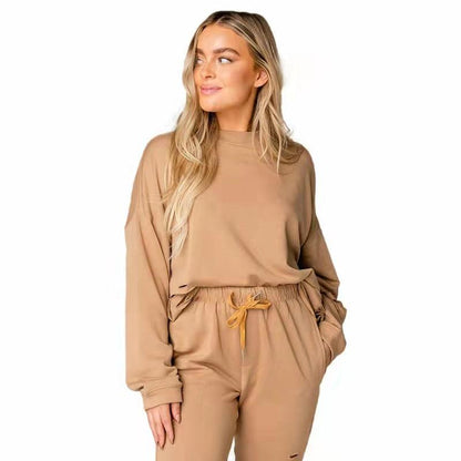 Women's Solid Color Ripped Round Neck Pullover Pants Casual Long Sleeve Sweatshirt Cotton Suit - Cruish Home