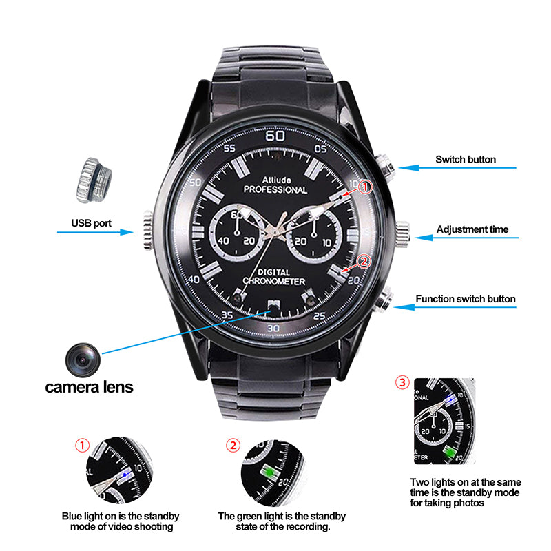 Video Recorder Camera Watch HD 1080P with Night Vision Men's Watch