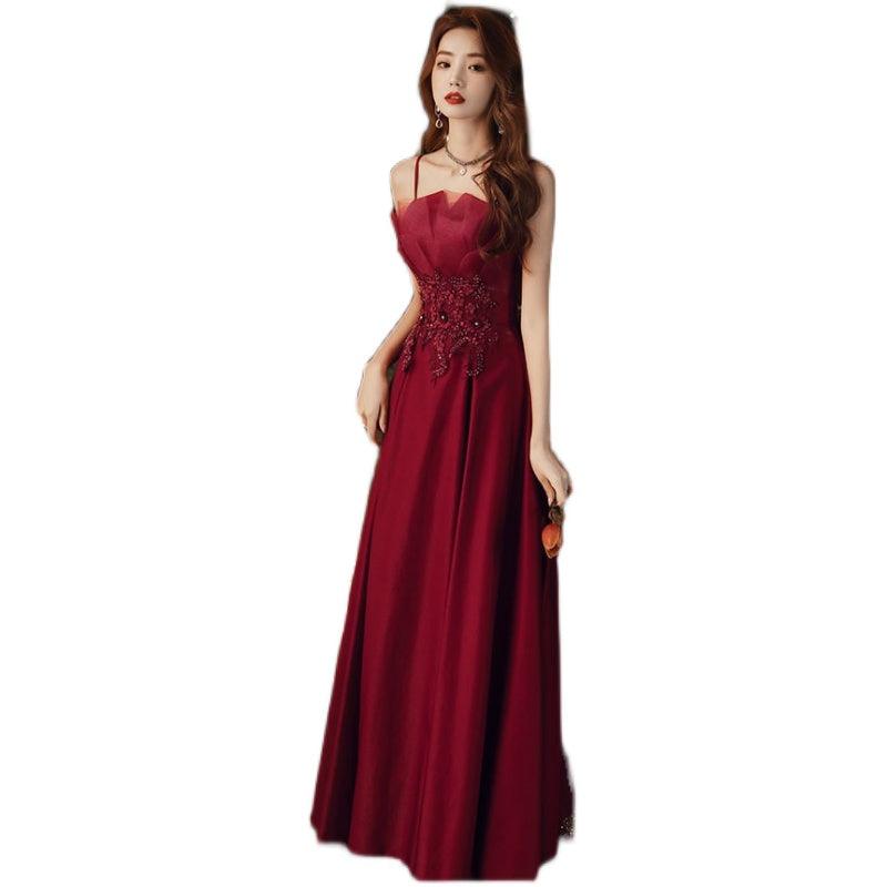 Engagement Strap Evening Dress Simple Atmosphere Wine Red - Cruish Home