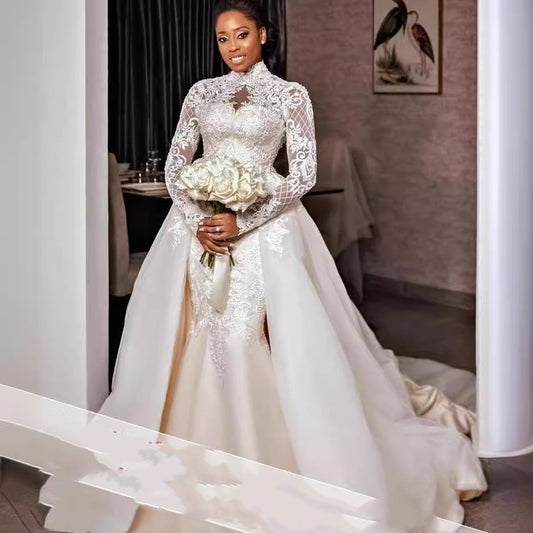 African Bridal Lace Long Sleeve Stand Collar Wedding Dress