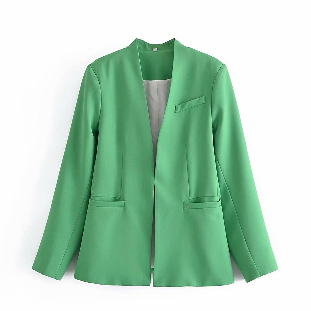 New Women's Suit Jacket Without Lapel Solid Color Long-sleeved Collar Pants - Cruish Home