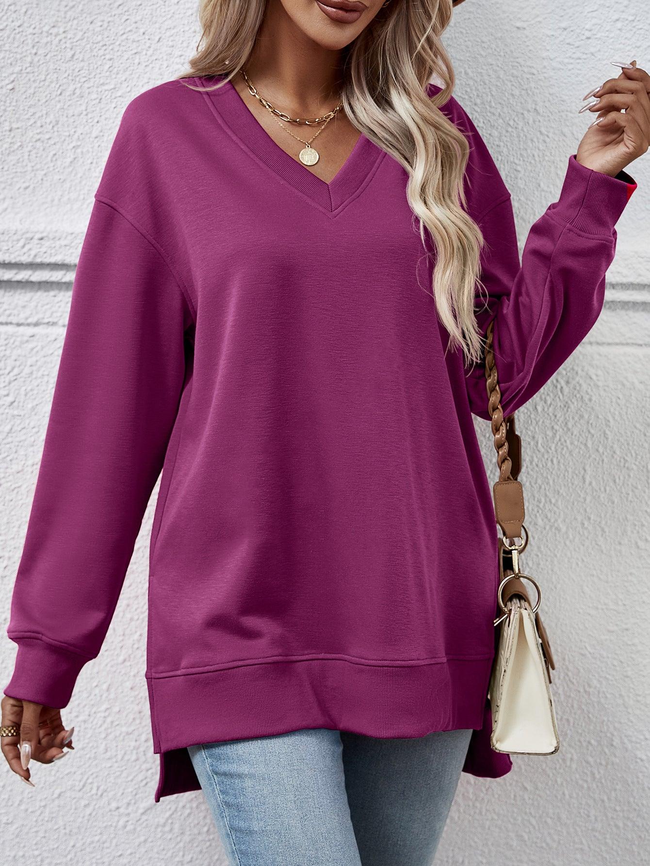 Solid Color And V-neck Split Front Short Back Long Sweater - Cruish Home