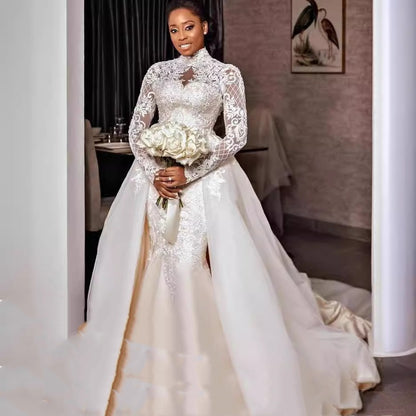 Bridal Lace Long Sleeve Stand Collar Wedding Dress