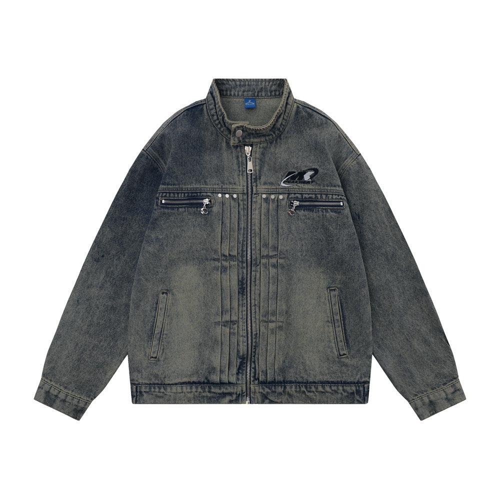 Washed And Worn Zipper Pocket Denim Jacket - Cruish Home