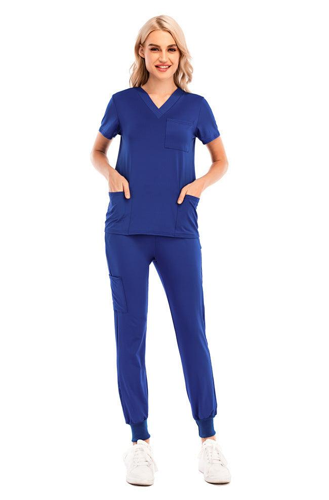 Solid Color V-neck Short-sleeved Pocket Nurse Suit - Cruish Home