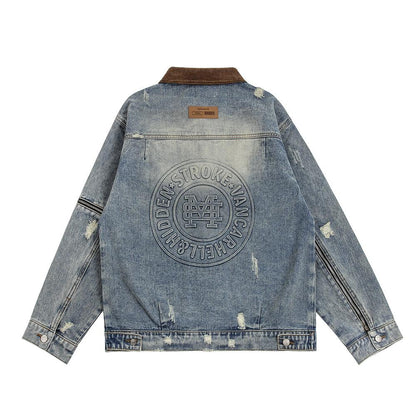 Ripped Distressed Denim Clothes Jacket Men's American Retro Design Sleeve Zipper Splicing Coat - Cruish Home