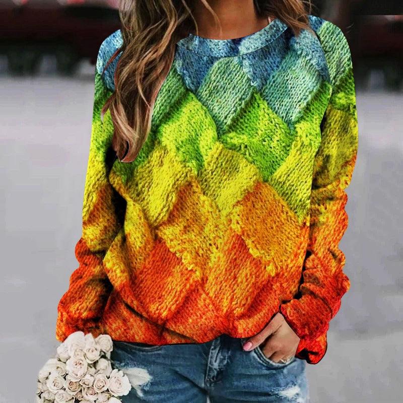 Printed Patchwork Round Neck Raglan Long Sleeve Women's Sweater - Cruish Home