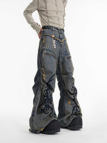 Retro Washed Distressed Zipper Embroidered Pleated Mopping Jeans