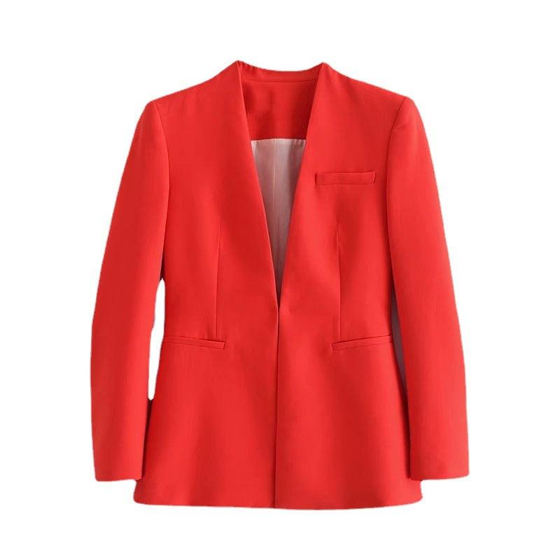 New Women's Suit Jacket Without Lapel Solid Color Long-sleeved Collar Pants - Cruish Home