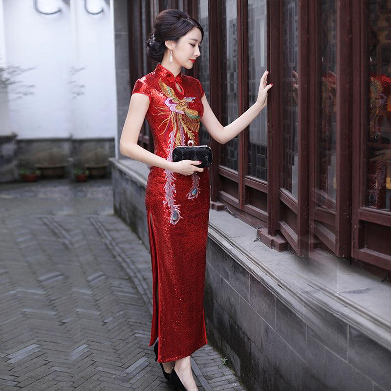 Improved Cheongsam Autumn Winter Red Wedding Mother's Clothing Long Short Sleeve Split Phoenix Ethnic Style Dress - Cruish Home