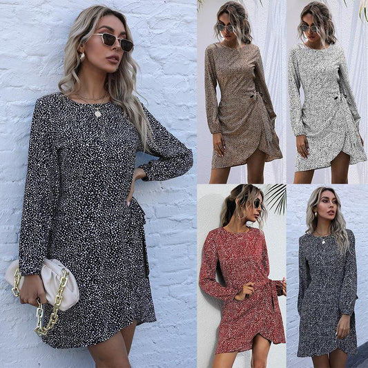 European And American Long-sleeved Leopard Print Round Neck Lace Irregular Dress - Cruish Home