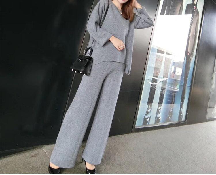 Fashionable Western Style Age-reducing And Thin, Knitted Two-piece Wide-leg Pants Suit Women - Cruish Home