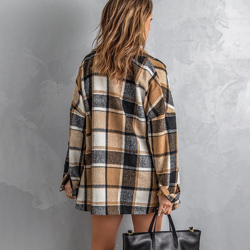 Women's Long-sleeved Lapel Button-breasted Plaid Shirt Jacket - Cruish Home