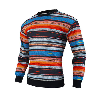 Men's Loose Round Neck Waffle Color Stripe Versatile Casual Bottomed Sweater - Cruish Home