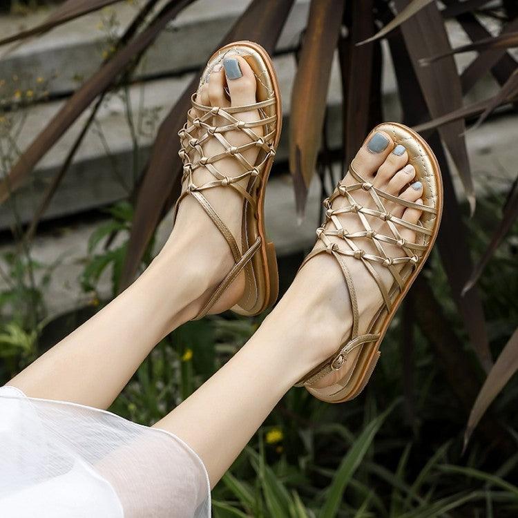 Roman Women's Sandals Gold Buckle Mid-high Heel Flat Shoes - Cruish Home