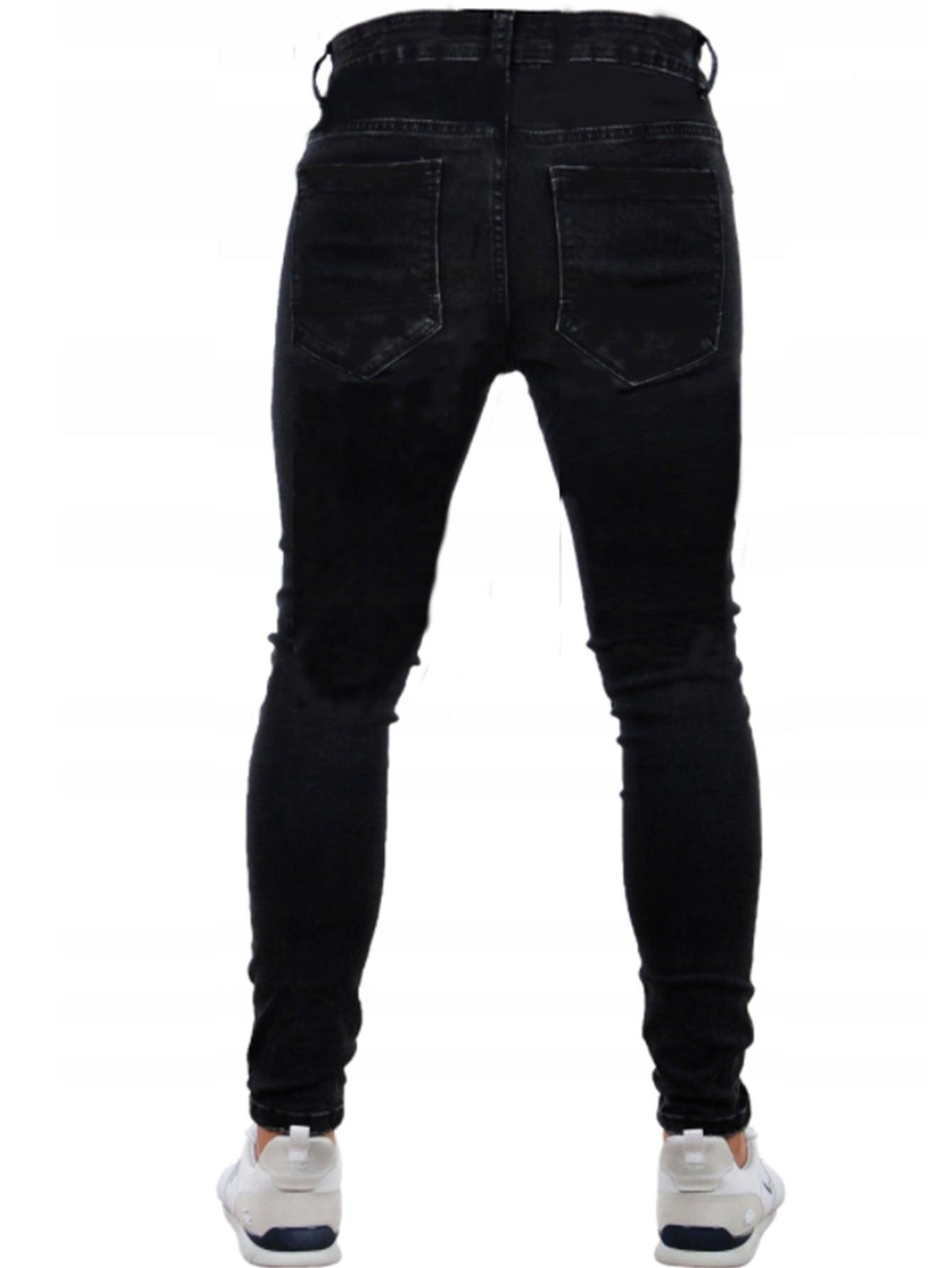 Men's Ripped Black Slim-fit High Waist Denim Trousers - Cruish Home