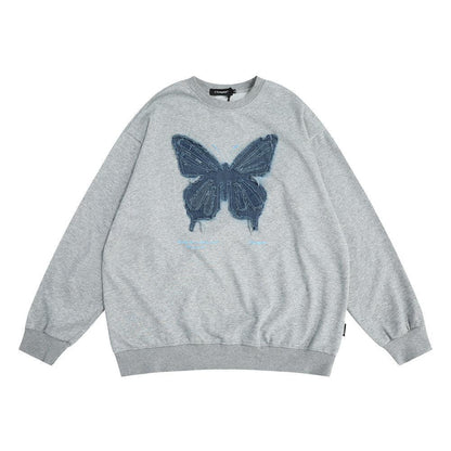 Denim Butterfly Patch Round Neck Sweater Autumn Loose Street - Cruish Home