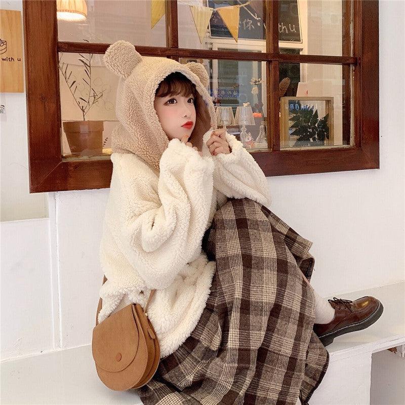 Cute Bear Ear Coat For Women Lamb Wool Winter Cardigan Top - Cruish Home