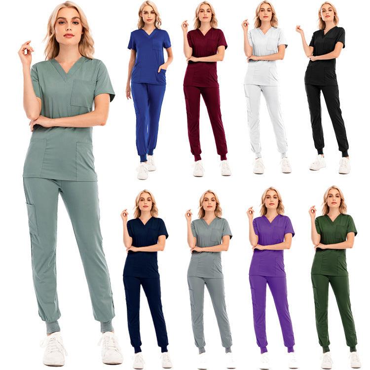 Solid Color V-neck Short-sleeved Pocket Nurse Suit - Cruish Home