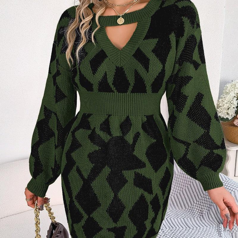 Color Matching Hollow Out Lantern Sleeve Fitted Waist Sweater Dress - Cruish Home