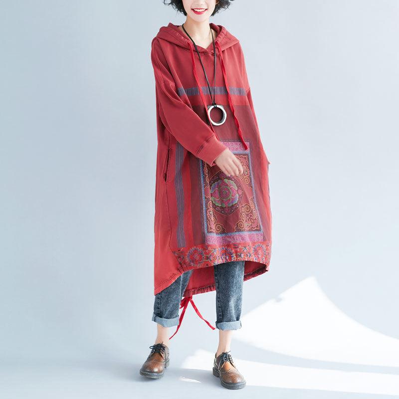 Hooded Sweater Loose Printed Long Dress Gradient Color - Cruish Home