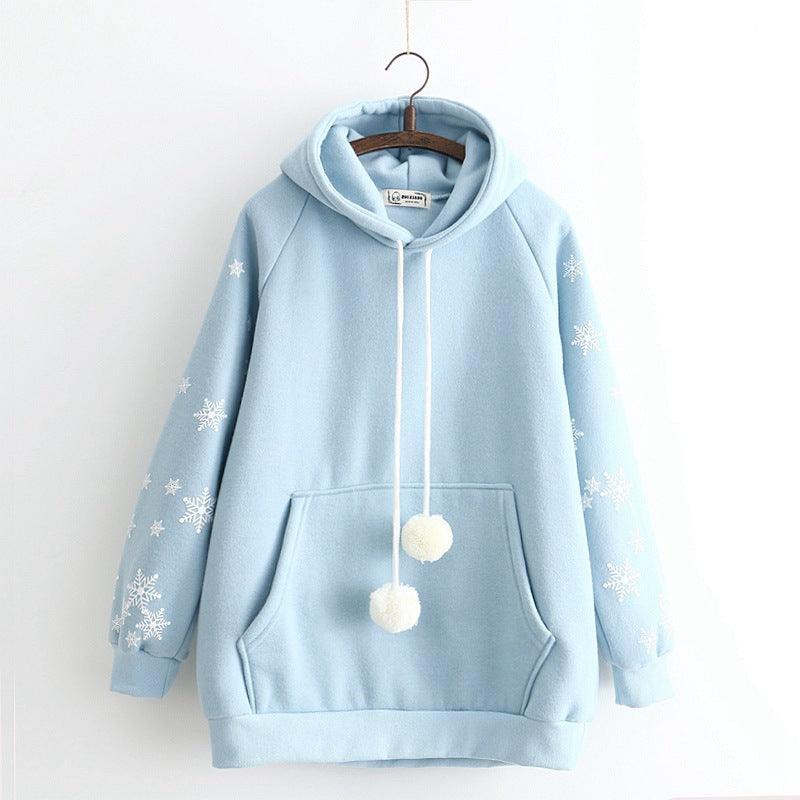 Snowflake Embroidery Hooded Fleece Lined Sweater Women - Cruish Home